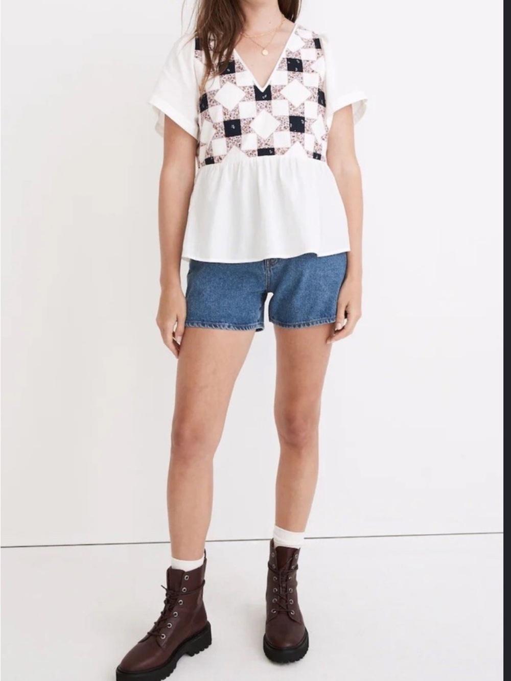Madewell White V-Neck Short Sleeve Peplum Top with Pink & Black Patchwork